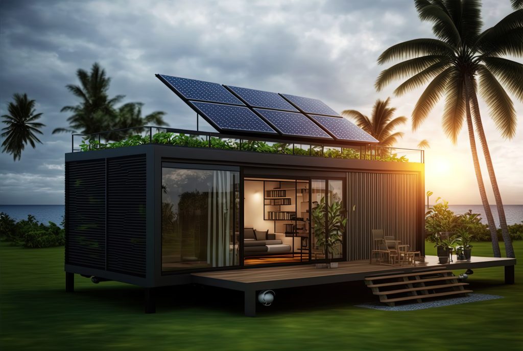 Sustainable house made with shipping container and solar power next to the ocean