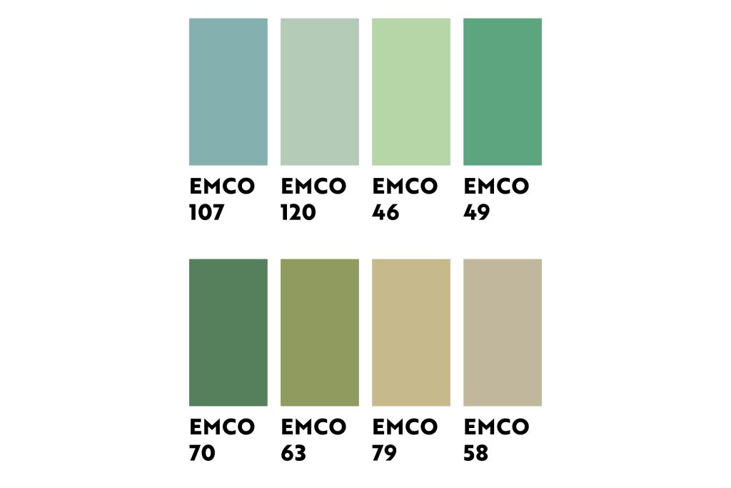 8 Color Palette of EMCO Colors that complements Green Sage