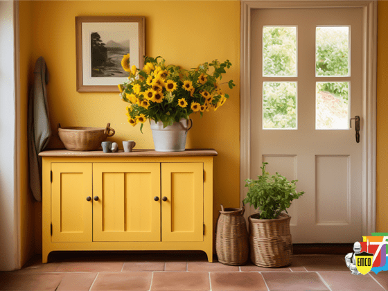 Ruangan interior rumah dengan warna kuning yang hangat