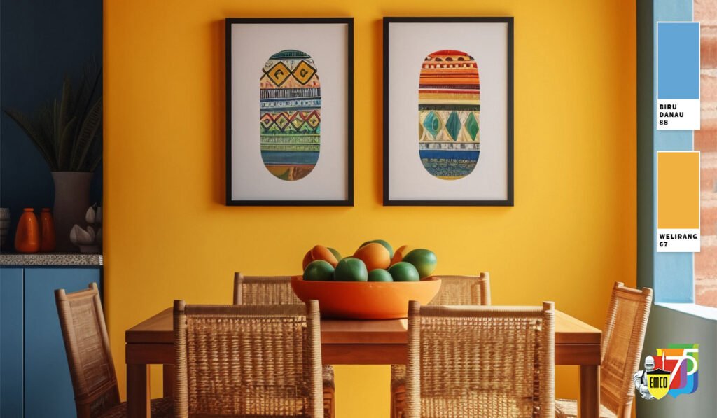 Interior dengan warna merah, oranye, dan kuning hangat