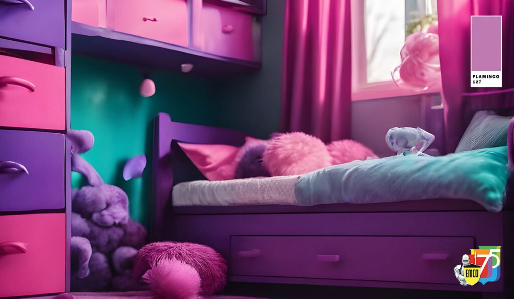 Interior dengan pink, lilac, dan peach yang lembut