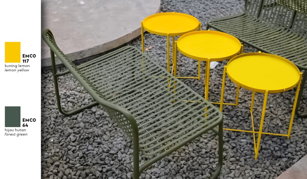 Outdoor chairs and tables in attractive, bright colors