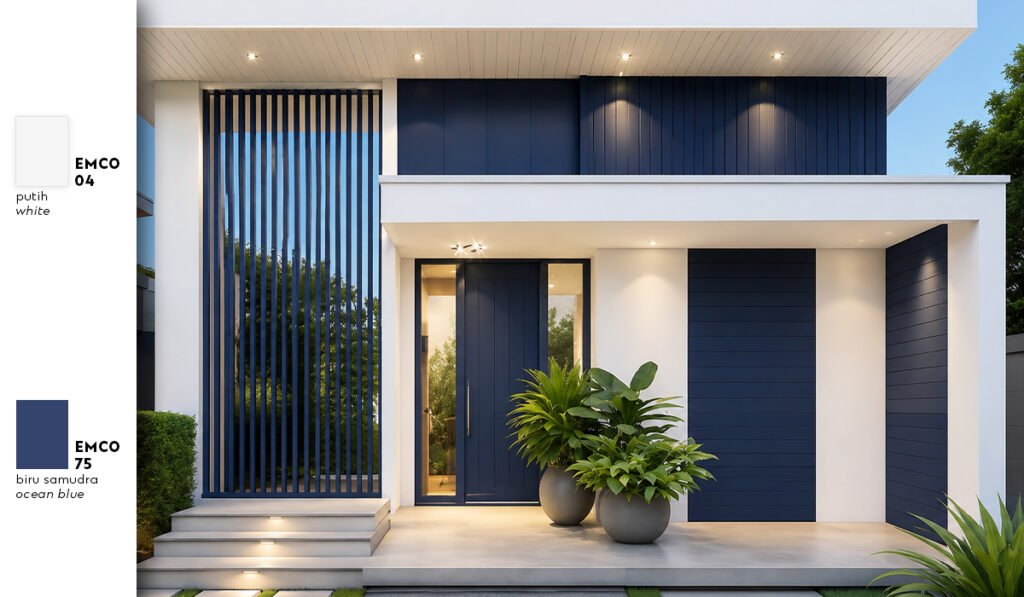 Rumah minimalis mewah warna putih doff dan biru navy kilap